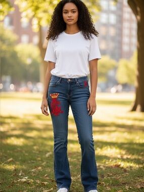 Christian Audigier Straight Leg Jeans with Red Crown Embroidery